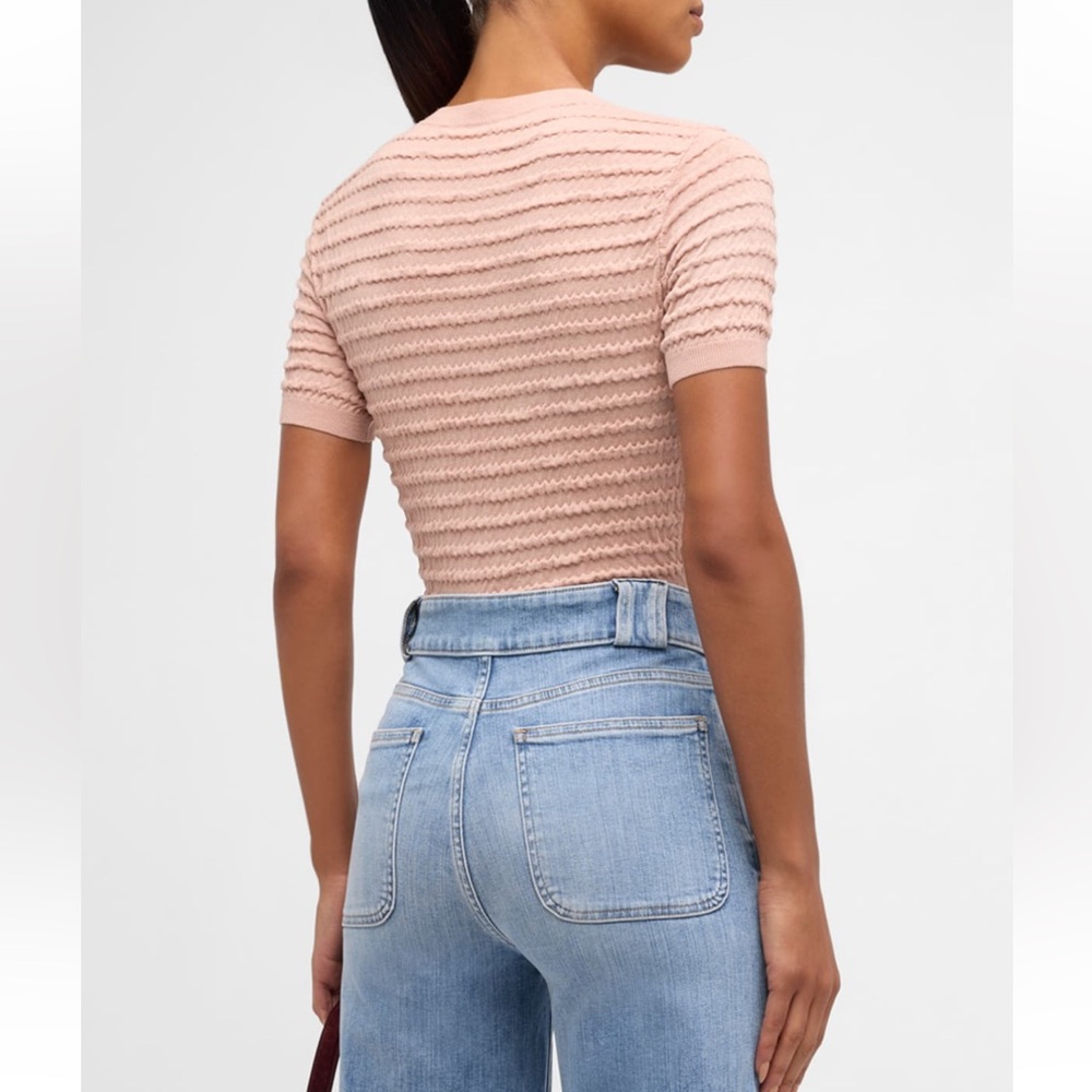 Frame Denim Pink Ribbed Smocked Fitted Short Sleeve Tee Small - Picture 2 of 7